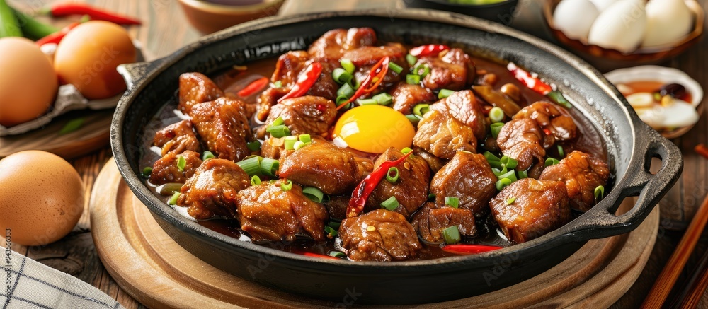 Pork and eggs cooked in soy sauce create a flavorful dish with a rich savory taste ideal for showcasing in a copy space image Pork and eggs cooked in soy sauce create a flavorful dish with a rich savory taste ideal for showcasing in a copy space image