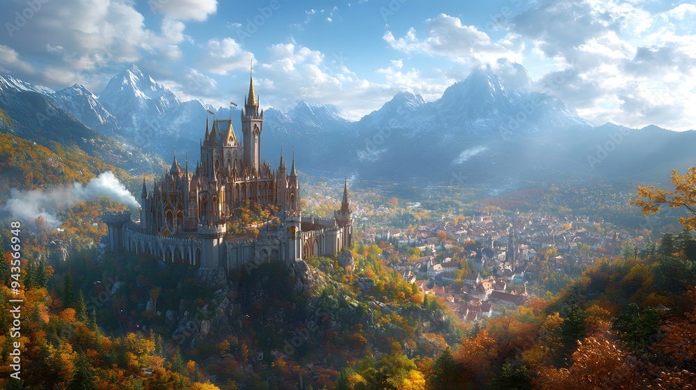 Fototapeta premium Majestic medieval castle on hilltop, bright blue sky with white fluffy clouds, lush green forest surroundings, mountain landscape, Gothic architecture.