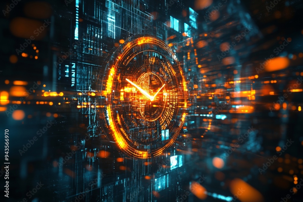 Futuristic clock face ticking amidst a sea of digital data in a ...