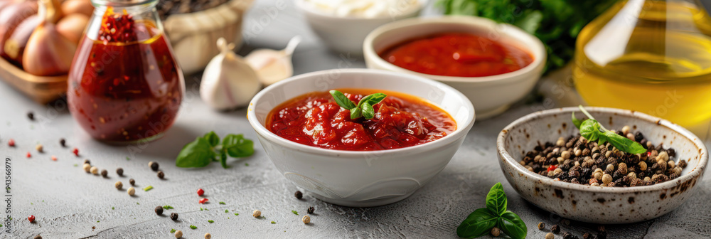 A variety of delicious tomato sauces and spices are arranged on a table with fresh ingredients like garlic, herbs, and peppercorns, highlighting rich flavors and culinary preparation. A variety of delicious tomato sauces and spices are arranged on a table with fresh ingredients like garlic, herbs, and peppercorns, highlighting rich flavors and culinary preparation.