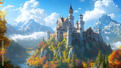 Majestic medieval castle on hilltop, bright blue sky with white fluffy clouds, lush green forest surroundings, mountain landscape, Gothic architecture.