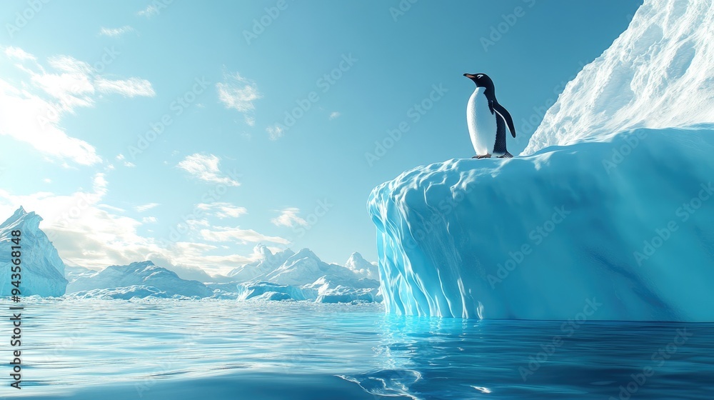 Obraz premium A Gentoo penguin stands atop an iceberg in the Antarctic waters, with a clear sky overhead, capturing the majesty and tranquility of the polar environment.