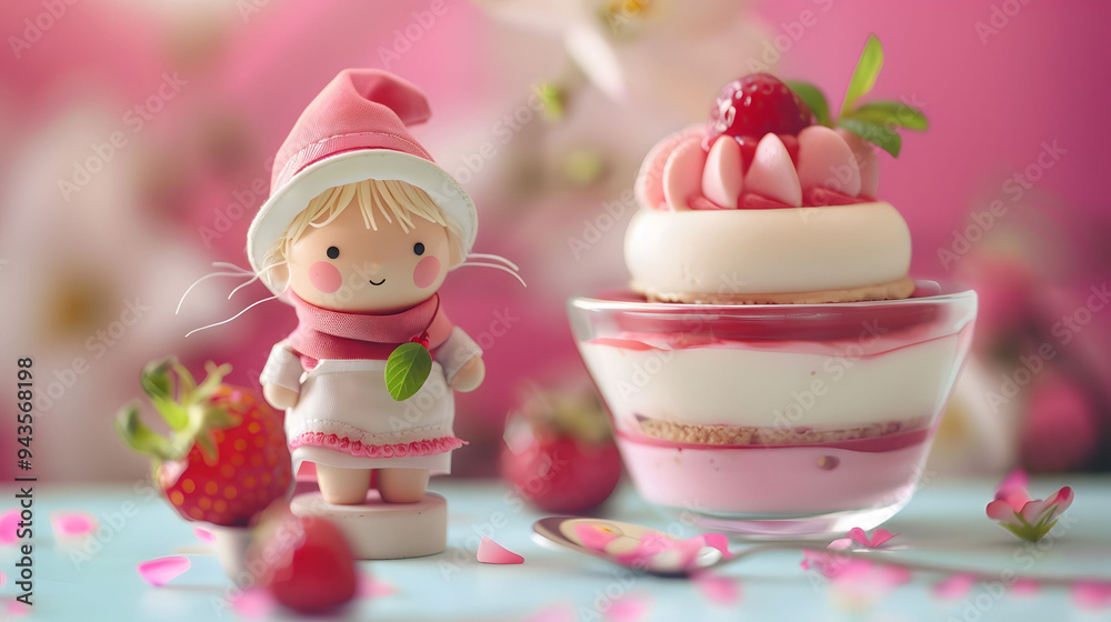 Cute Little Girl Doll Stand Happily Beside a Jelly and Biscuit Layered Pudding as Shop Display for Small and Medium-sized Business Idea Concept Cute Little Girl Doll Stand Happily Beside a Jelly and Biscuit Layered Pudding as Shop Display for Small and Medium-sized Business Idea Concept