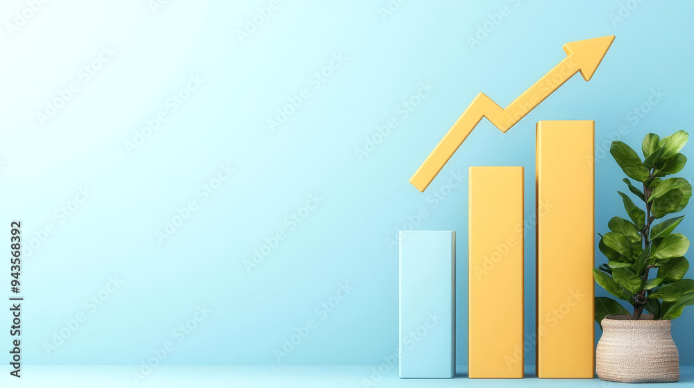 Business performance icon, bar chart with growth arrow, 3D illustration Business performance icon, bar chart with growth arrow, 3D illustration