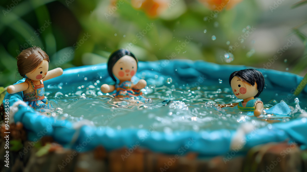 Obraz premium Diorama of Three Little Kids Playing in a Tarpaulin Pool