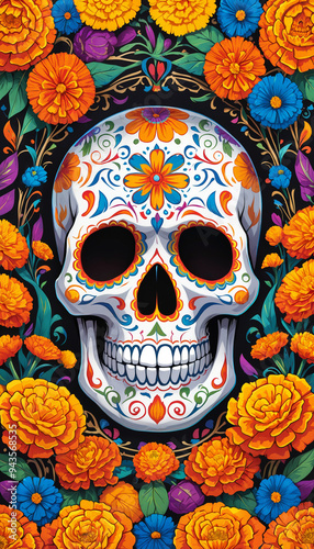 Day of the Dead Skull with Flowers