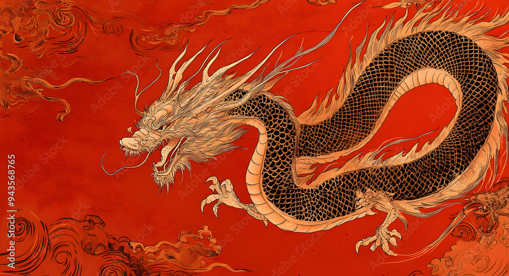 A Dark Red Background with a Chinese Dragon Accented by Gold, Symbolizing Strength, Power, and Prosperity, Perfectly Capturing the Essence of Traditional Chinese Culture and Mythology, Ideal for Illus A Dark Red Background with a Chinese Dragon Accented by Gold, Symbolizing Strength, Power, and Prosperity, Perfectly Capturing the Essence of Traditional Chinese Culture and Mythology, Ideal for Illus