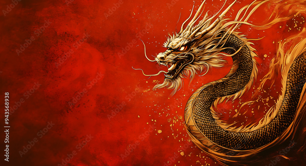 A Dark Red Background with a Chinese Dragon Accented by Gold, Symbolizing Strength, Power, and Prosperity, Perfectly Capturing the Essence of Traditional Chinese Culture and Mythology, Ideal for Illus A Dark Red Background with a Chinese Dragon Accented by Gold, Symbolizing Strength, Power, and Prosperity, Perfectly Capturing the Essence of Traditional Chinese Culture and Mythology, Ideal for Illus