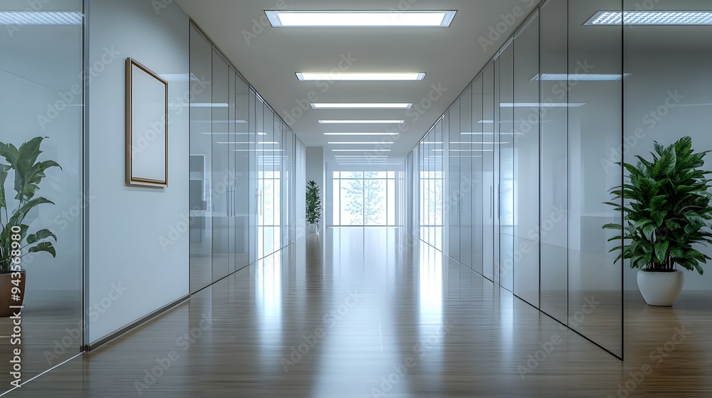 Modern office interior, bright illumination, fluorescent ceiling lights, glass partitions, wooden flooring, white walls, potted plants, empty picture frame. Modern office interior, bright illumination, fluorescent ceiling lights, glass partitions, wooden flooring, white walls, potted plants, empty picture frame.