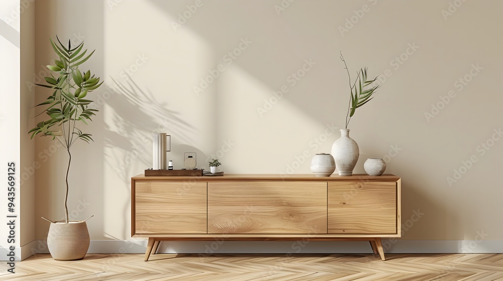 Fototapeta premium Sleek and Stylish Wooden Sideboard with Minimalist Decor in Neutral Room Setting
