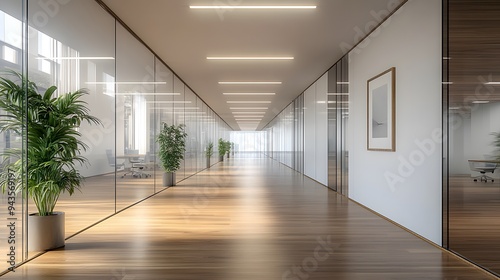 Modern office interior, bright illumination, fluorescent ceiling lights, glass partitions, wooden flooring, white walls, potted plants, empty picture frame.