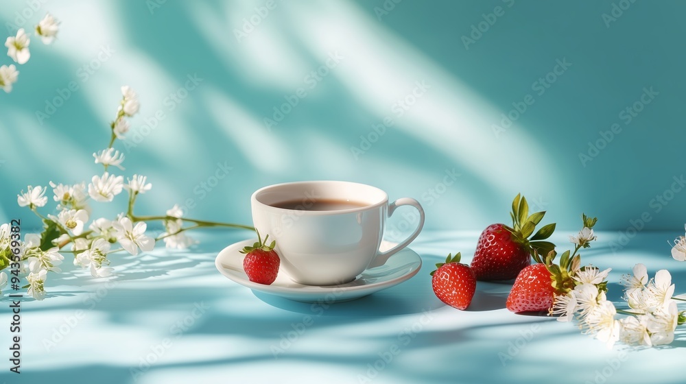 A serene morning setup with a cup of coffee, fresh strawberries, and delicate flowers on a bright blue background A serene morning setup with a cup of coffee, fresh strawberries, and delicate flowers on a bright blue background