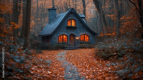 A charming stone cottage nestled among vibrant autumn leaves along a winding pathway in a serene forest setting