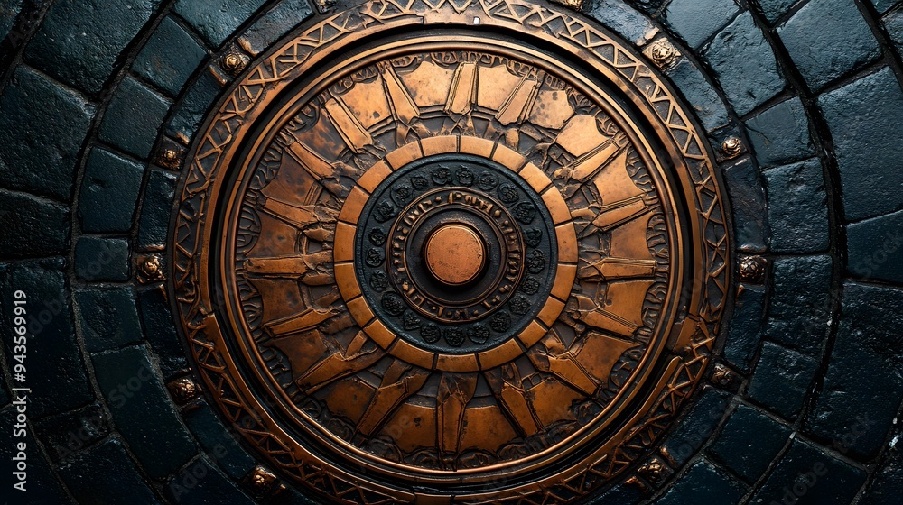 ornate manhole cover, intricate circular design, copper and bronze tones, embedded in black asphalt road, geometric patterns, urban infrastructure. ornate manhole cover, intricate circular design, copper and bronze tones, embedded in black asphalt road, geometric patterns, urban infrastructure.