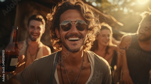 group of three young men partying on the beach in the sun with bottles of beer wearing hats and sunglasses.