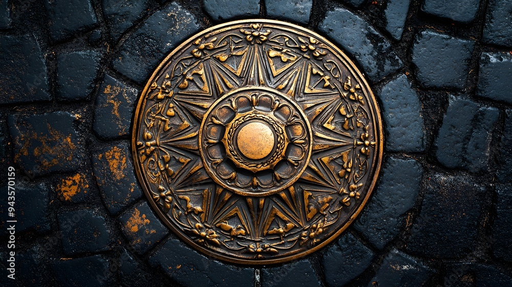 Obraz premium ornate manhole cover, intricate circular design, copper and bronze tones, embedded in black asphalt road, geometric patterns, urban infrastructure.