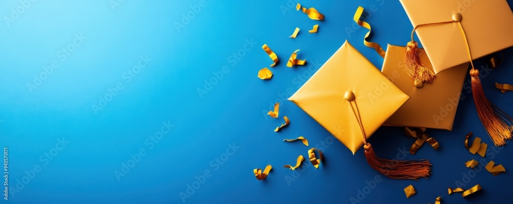 Celebrate success with vibrant graduation caps and envelopes on a bright blue background, perfect for announcements and invitations.