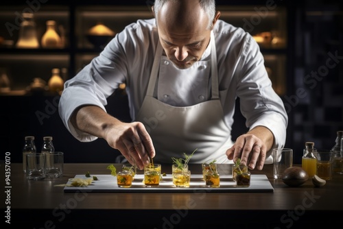 Chef plating gourmet appetizers in a fine dining restaurant photo