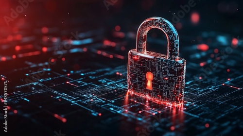 A closed padlock on a digital background symbolizes security and protection. It represents the safeguarding of data, information, and systems from unauthorized access or cyber threats.  photo