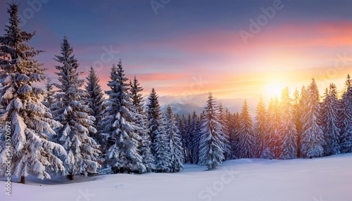 winter landscape wallpaper with pine forest covered with snow and scenic sky at sunset snowy fir tree in beauty nature scenery christmas and new year greeting card background