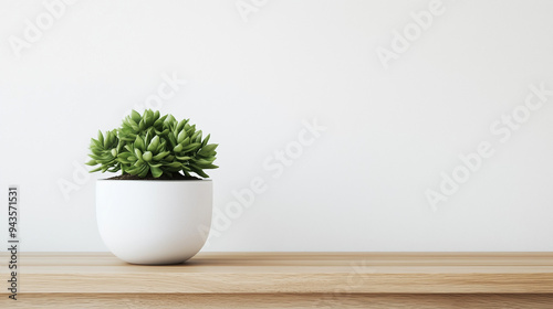 Minimalist white potted plants on wooden table, with white background, Ai generated Images