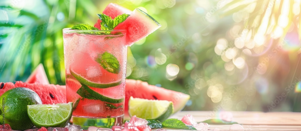 Fresh watermelon lemonade garnished with lime and mint displayed on a vibrant backdrop with copy space image