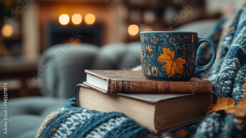 Cozy reading nook featuring a stack of books and a decorative mug on a soft blanket in an inviting room