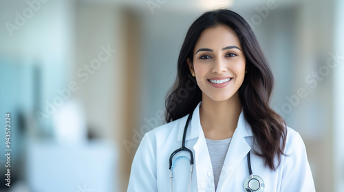 Portrait of  Asian Indian female woman doctor in white coat with stethoscope smiling clinic hospital background