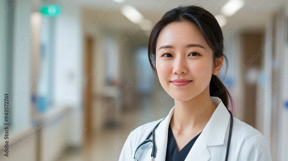 Portrait of East Asian female woman doctor in white coat with stethoscope smiling clinic hospital background Portrait of East Asian female woman doctor in white coat with stethoscope smiling clinic hospital background