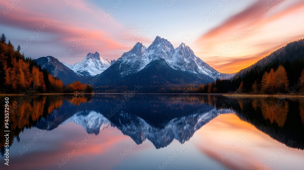 Fototapeta premium Magical castle reflecting in a serene lake, blended with twilight colors and enchanted forest surroundings