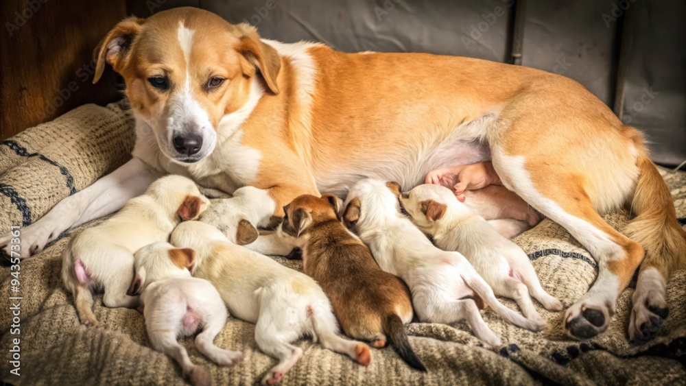 Obraz premium A Mother Dog Nursing Her Six Adorable Puppies on a Blanket