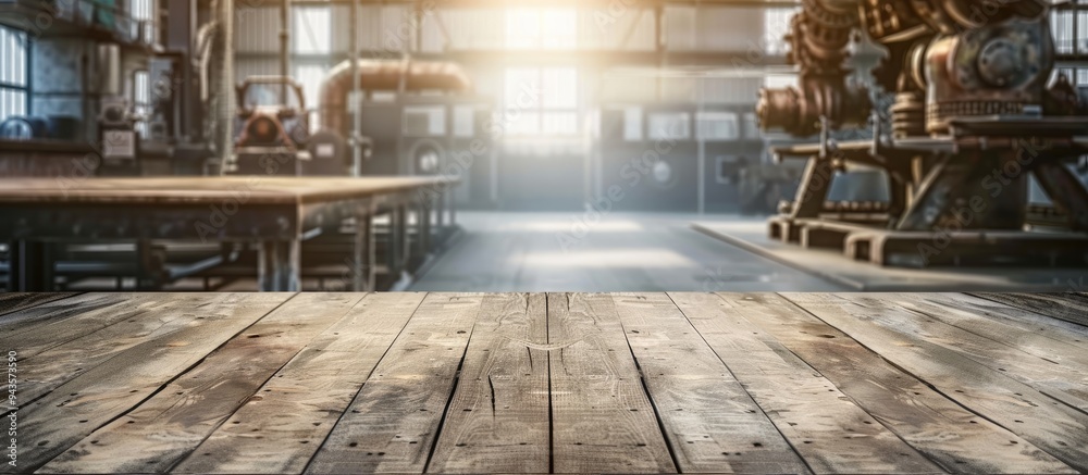A wooden table with space for advertising products and a factory backdrop with robotic arms allows for ample copy space image A wooden table with space for advertising products and a factory backdrop with robotic arms allows for ample copy space image