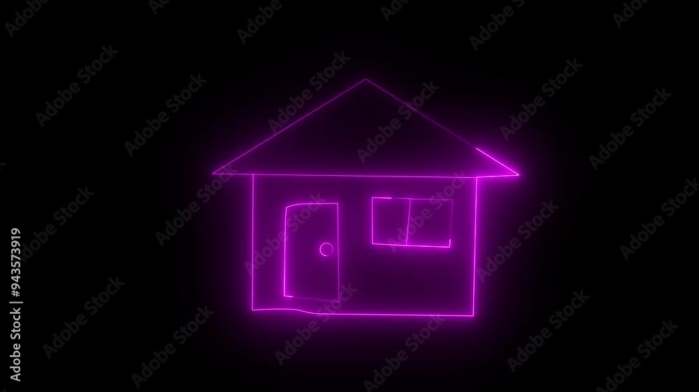 Glowing neon line Map pointer with house icon isolated on black background. Home location marker symbol. Glowing neon line Map pointer with house icon isolated on black background. Home location marker symbol.