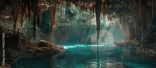 In a murky cave stalactites hang above a pool of water with copy space image