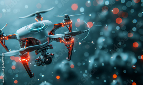 Drone. Modern drone close-up against the background of microcircuits. Unmanned aerial vehicle.