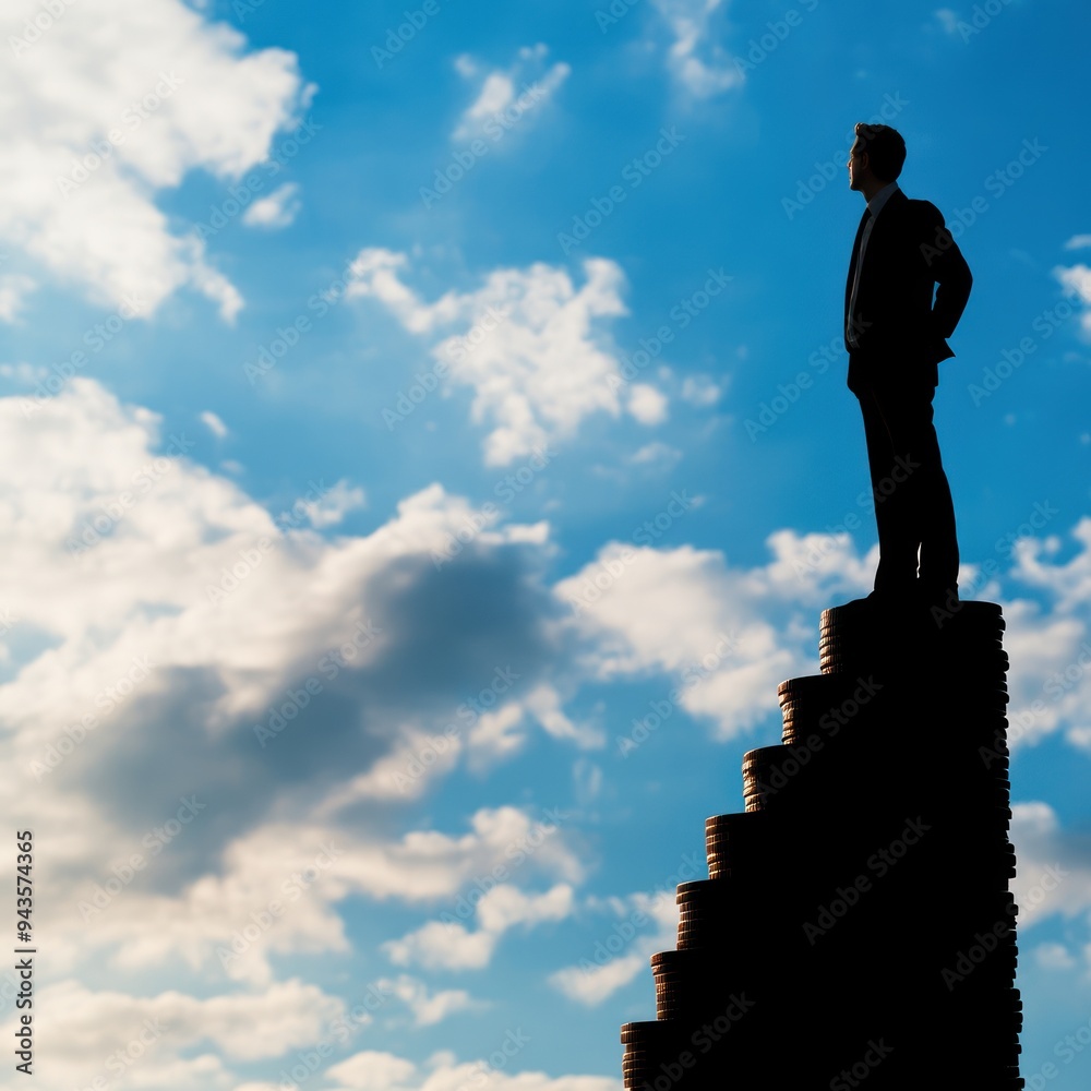 Silhouette of a businessman standing on a stack of coins against a vibrant sky, symbolizing success and financial achievement. Silhouette of a businessman standing on a stack of coins against a vibrant sky, symbolizing success and financial achievement.