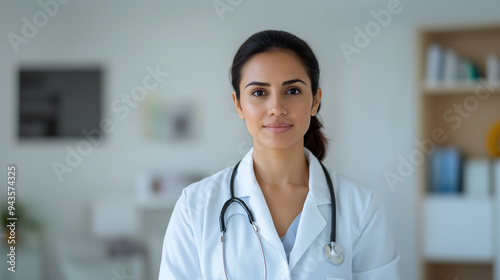 Portrait of Indigenous female woman doctor in white coat with stethoscope smiling clinic hospital background