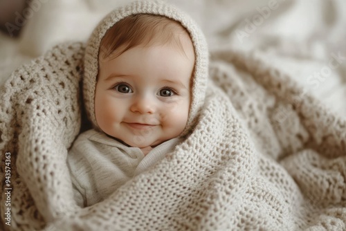 Adorable baby smiling warmly while wrapped in a soft knitted blanket. 