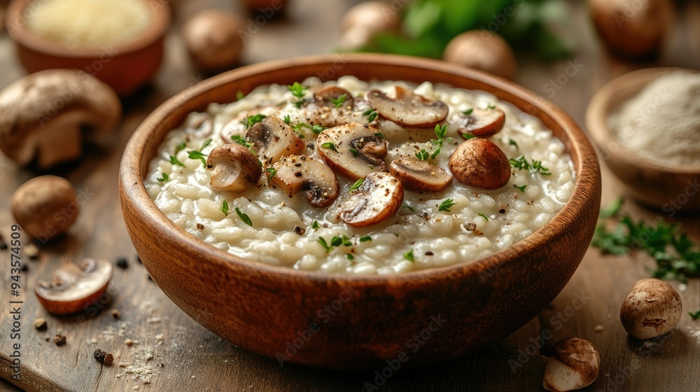 Italian risotto set with mushrooms, Parmesan, and truffle oil Italian risotto set with mushrooms, Parmesan, and truffle oil