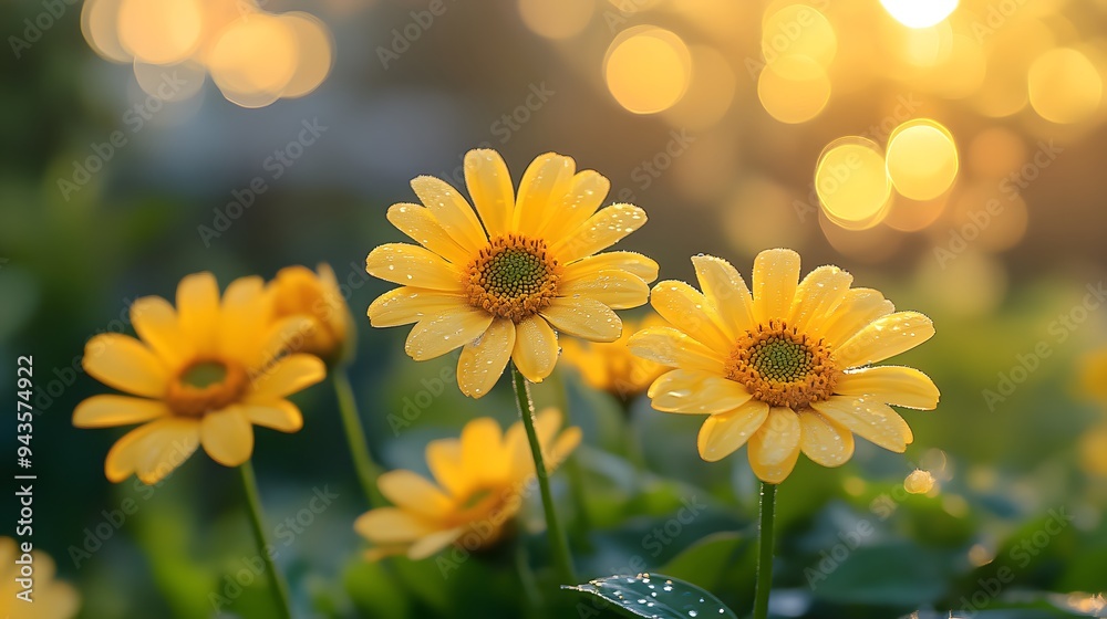 Fototapeta premium Vibrant yellow daisies, soft natural light, blurred bokeh background, green foliage, golden hour glow, shallow depth of field, macro photography, dreamy atmosphere.