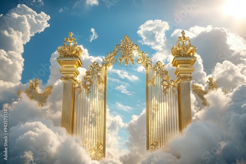 Golden gates opening to a heavenly sky with bright clouds
