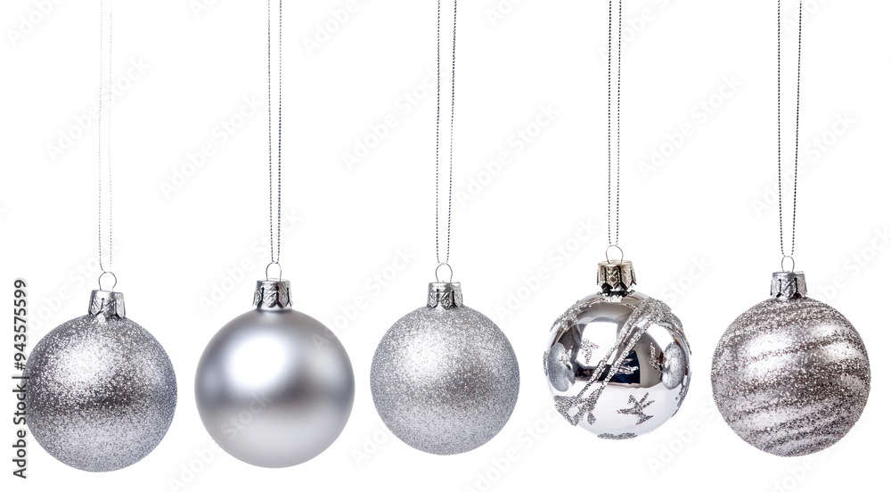 PNG Silver Christmas ornaments hanging elegantly. PNG Silver Christmas ornaments hanging elegantly.