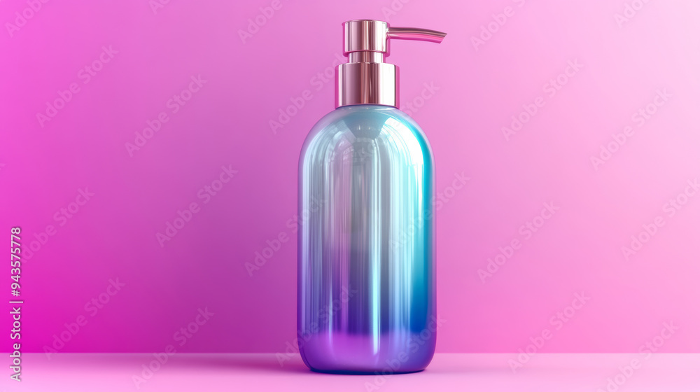 The iridescent body wash bottle features a sleek design with a rose gold pump at the top The iridescent body wash bottle features a sleek design with a rose gold pump at the top
