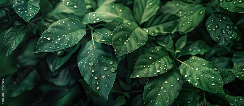 Leaves adorned with water droplets post rain creating a picturesque scene with copy space image Leaves adorned with water droplets post rain creating a picturesque scene with copy space image