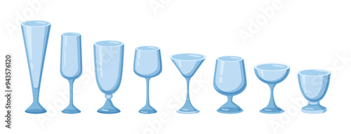 Alcohol and beverages, glass cups tableware. Vector isolated set of clear and crystal champagne and wine, whiskey and shot mugs. Drinks serving at home or cafe, restaurant dishware glassware