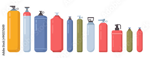 Gas storage cylinders flat. Vector isolated set of containers for oxygen, nitrogen, carbon dioxide, helium tanks. Industrial fuel canisters for petrol for drivers. Empty packages with copy space
