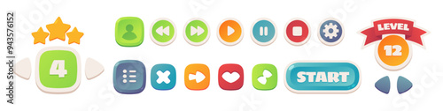Mobile or computer application for gamers, user interface elements for game. Vector isolated cartoon icons for menu. Pointers next and previous, stop and start, level completion status display