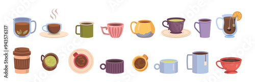 Collection of different modern ceramic or glass cups with saucers. Vector isolated set of mugs filled by hot and cold beverages. Cute trendy crockery with handle for caffeine or tea drinks