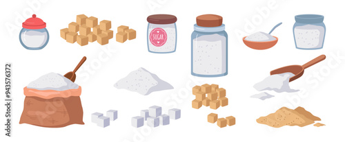 Sugar packets set. Vector isolated granulated crystalline substance in form of powder or cubes. Sugarcane or beets sucrose. Spoon and glassware bottles, sack and bowl for storing sweetener