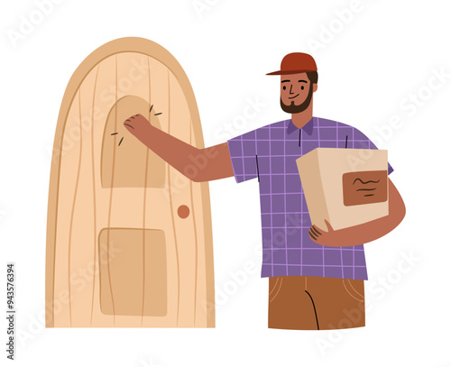 Deliver knocking door, food delivery flat cartoon vector illustration. Man in cap with box in hands, courier holding deliver package with fastfood pizza or snacks. Grocery package delivery